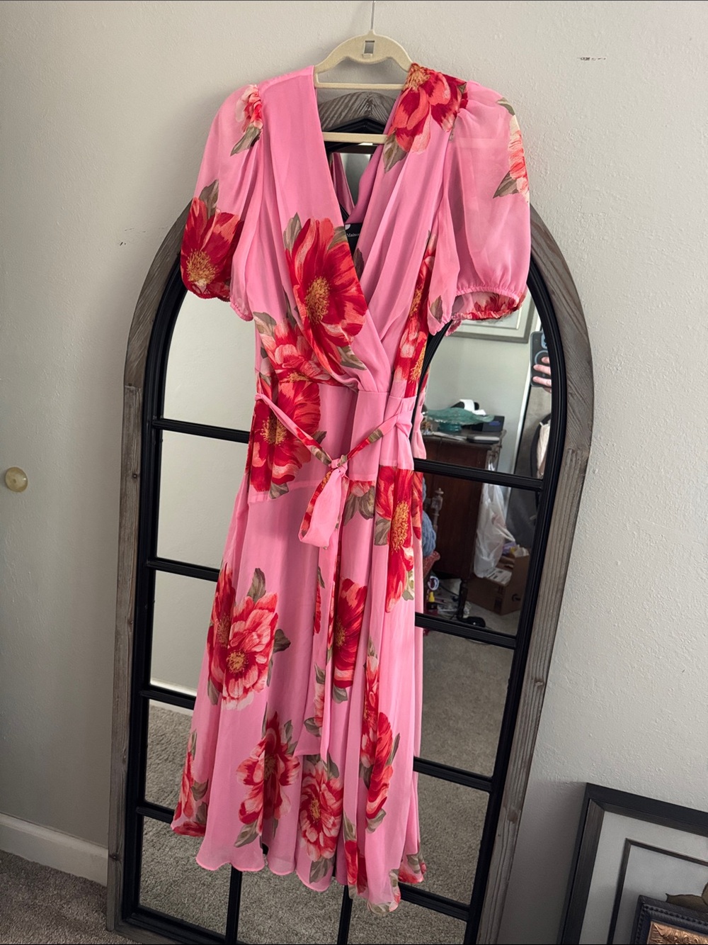 Maison Tara Pink Floral Dress with Tie Waist, zipper in back, slit on one side